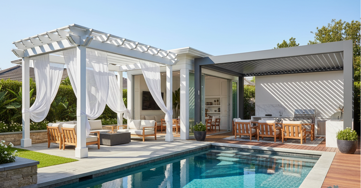 Luxury outdoor furniture collection featuring pergola seating, lounge chairs, and poolside living space
