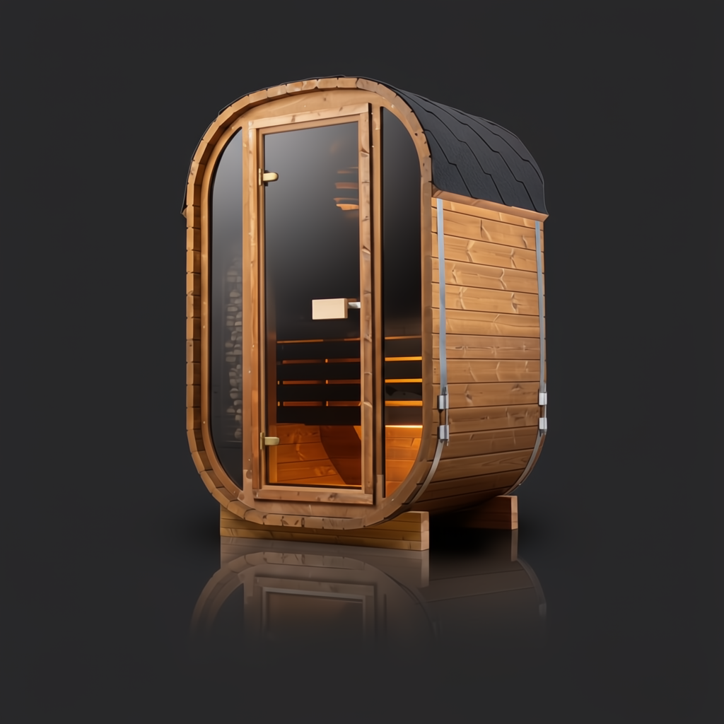 Auris One luxury outdoor cedar barrel sauna with dark shingle roof and glass door.