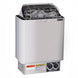 Silver Harvia 4.5KW electric sauna heater with dark stones, a metal grate, and black control knobs.