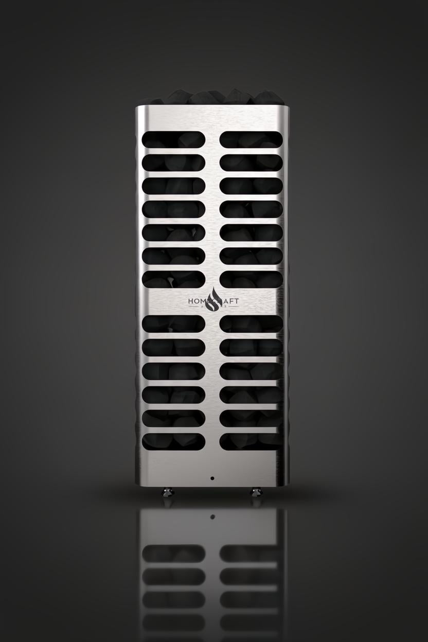 HomeCraft Revive 9KW sauna heater add-on, brushed stainless steel with black rocks, sleek rectangular design.
