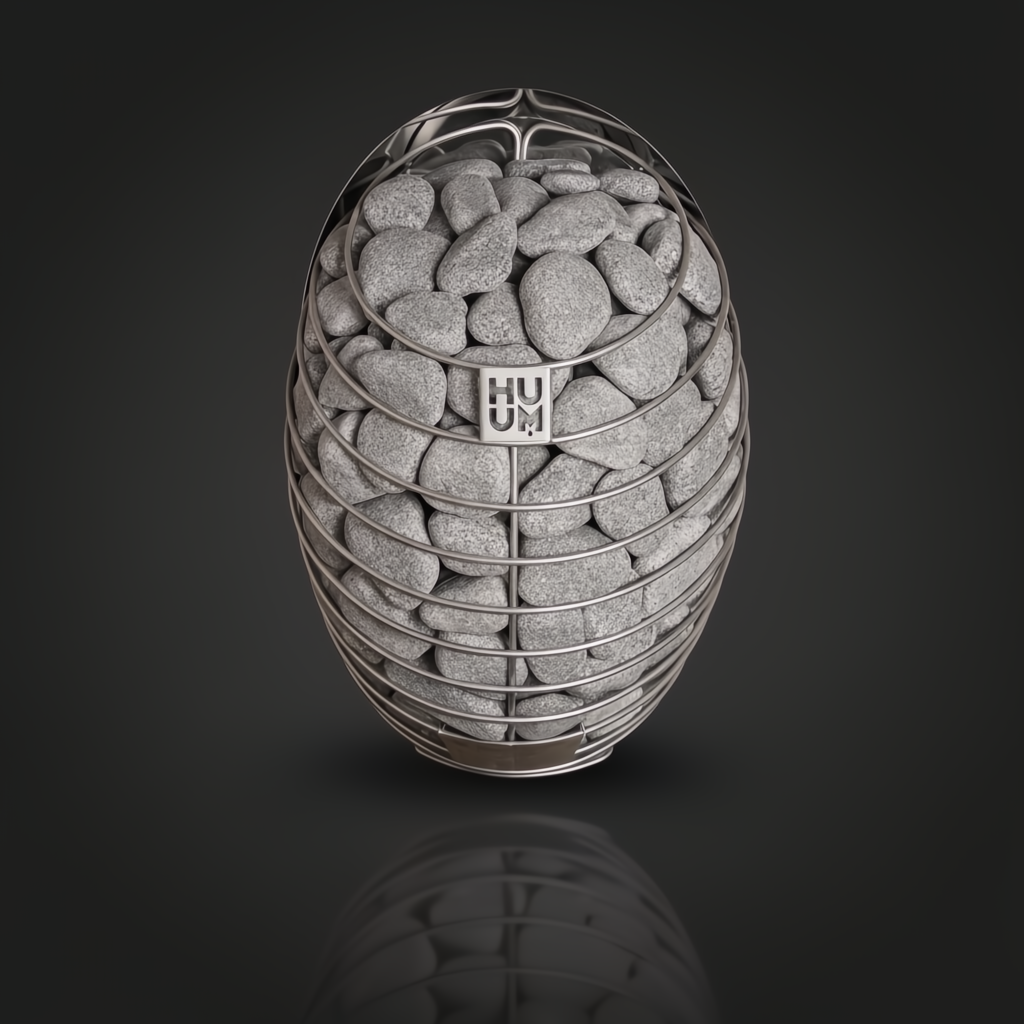 Silver Huum Drop 9KW sauna heater add-on, egg-shaped with a metal cage holding gray stones.