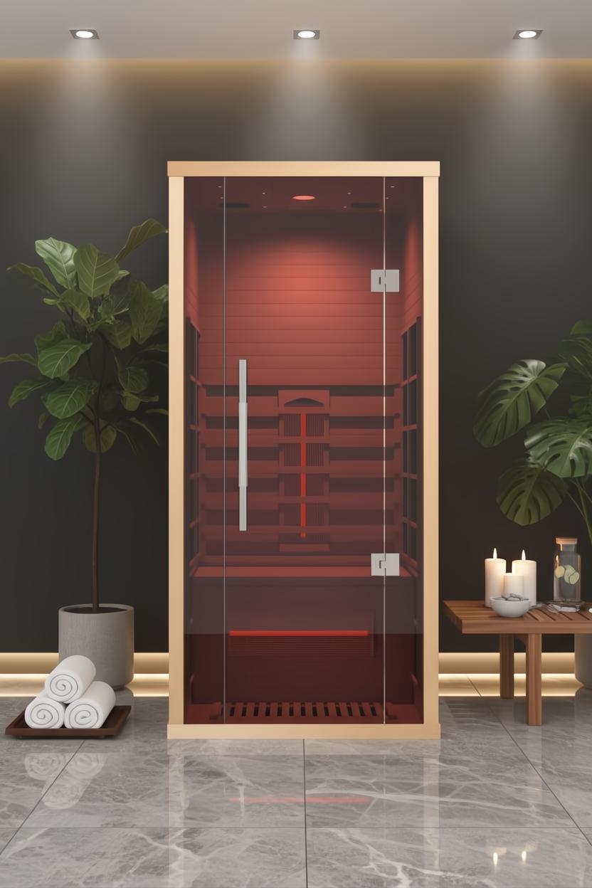 Lumin One 1-2 person infrared sauna made of light Canadian Hemlock with a red-tinted glass door.