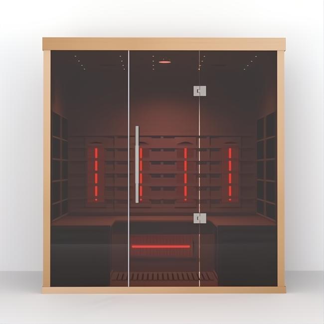 Lumin Three infrared sauna, Canadian Hemlock wood frame, glass door, red interior heaters.