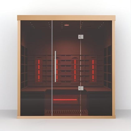 Lumin Three infrared sauna, Canadian Hemlock wood frame, glass door, red interior heaters.
