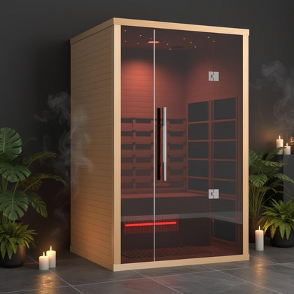 Lumin Infrared Sauna Two with light wood exterior, dark red interior glow, and glass door.