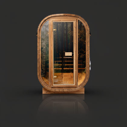 Auris One luxury outdoor cedar barrel sauna with a full glass door, reflecting a forest.