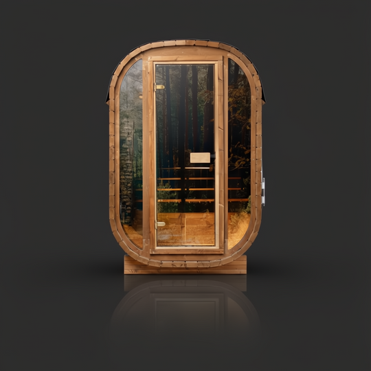 Auris One luxury outdoor cedar barrel sauna with a full glass door, reflecting a forest.