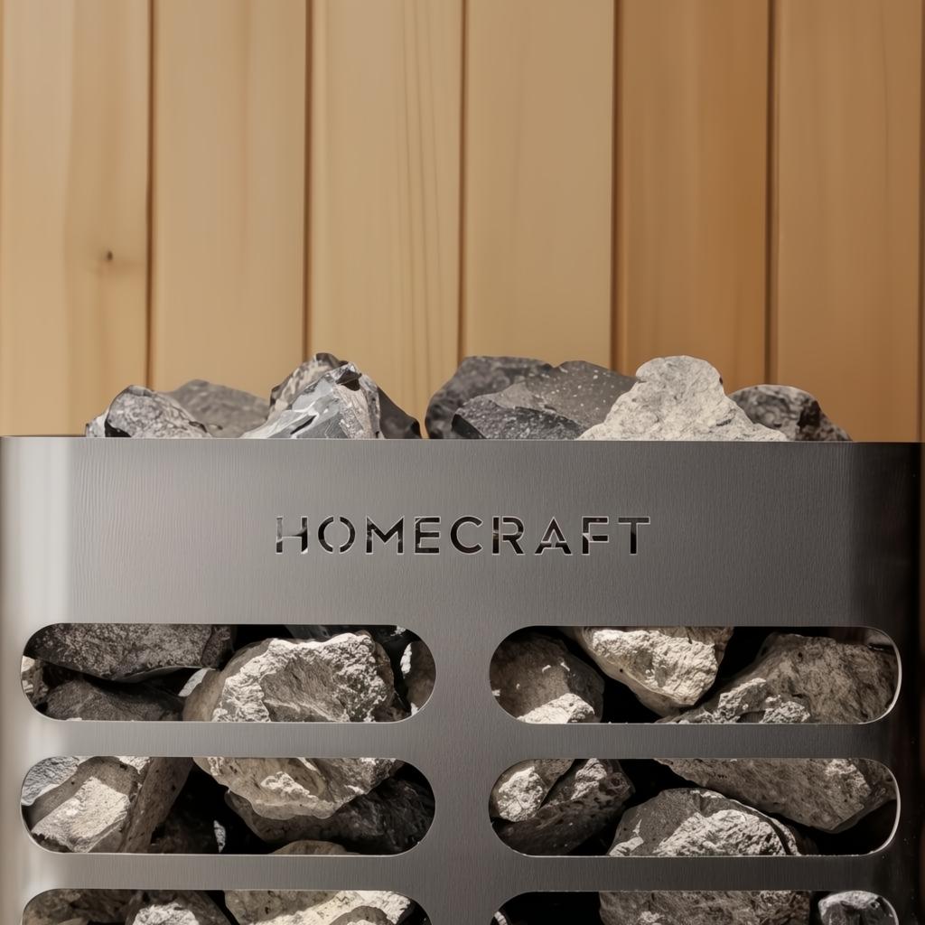 HomeCraft Revive 9KW sauna heater add-on with brushed stainless steel casing and dark sauna rocks.