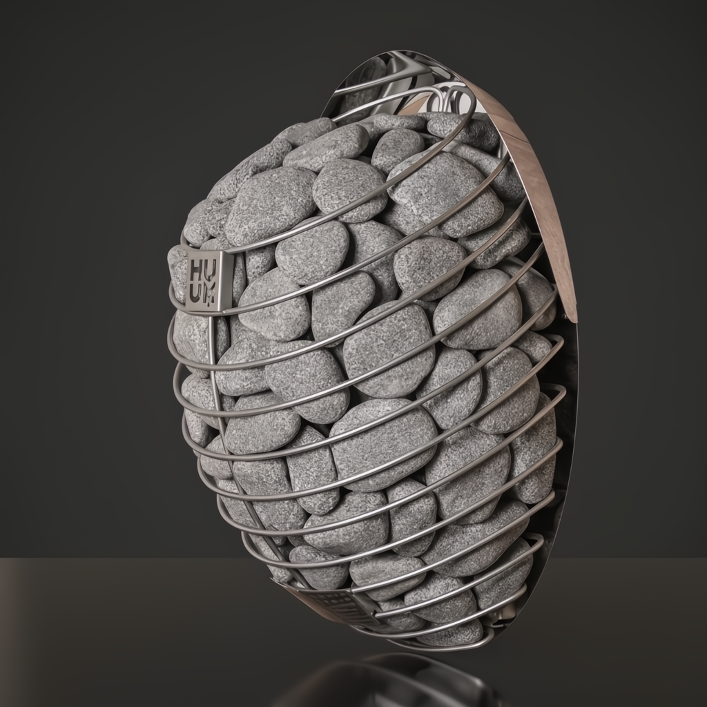 Huum Drop 9KW sauna heater add-on with polished chrome cage, filled with gray sauna stones.