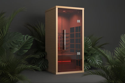 Lumin One 1-2 person infrared sauna, light Canadian Hemlock wood, glass door, red interior glow, modern design.