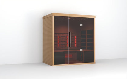 Lumin Three infrared sauna, light Canadian Hemlock wood with dark tinted glass door and red interior lights.
