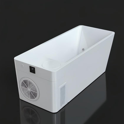 Modern white Frost Cold Plunge Tub with digital display, fan, and sleek rectangular design.