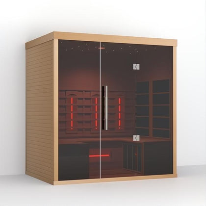 Lumin Three 3-person infrared sauna made from light Canadian Hemlock with dark glass doors and red interior lighting.