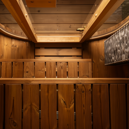 Interior of Auris One luxury outdoor cedar sauna with rich brown wood, benches, and a heater.