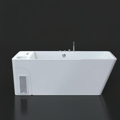 Modern white Frost Cold Plunge Tub with sleek design, integrated controls, and a side cooling vent.