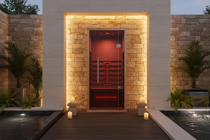 Lumin One infrared sauna with red-tinted glass door, set in a modern stone wall with warm lighting.