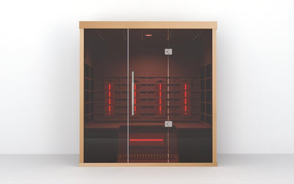 Lumin Three infrared sauna, light Canadian Hemlock wood frame, clear glass door, and glowing red interior heaters.