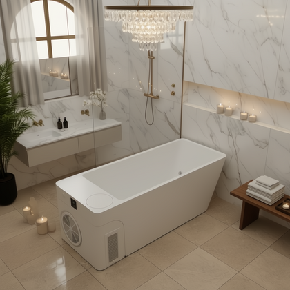 White Frost Cold Plunge Tub in a luxurious bathroom with marble walls, a crystal chandelier, and candles.