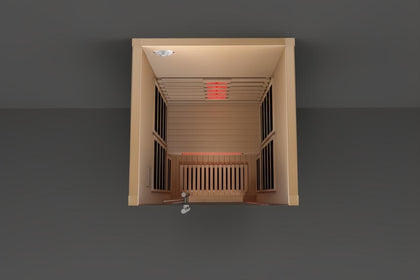 Lumin One 1-2 person infrared sauna, light Canadian Hemlock wood, modern design with red heaters.