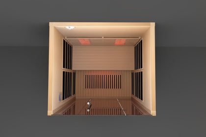 Lumin Infrared Sauna Two, light wood interior, red infrared heaters, glass door, top-down view.