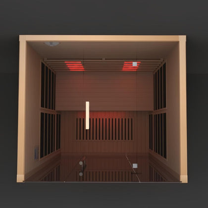 Lumin Infrared Sauna Two: light wood interior, red infrared panels, glass door, and modern design.