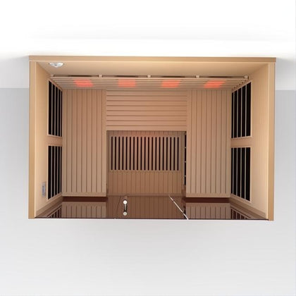 Lumin Three 3-person infrared sauna, light Canadian Hemlock wood interior with red heating elements.