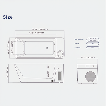 Diagram of the Frost Cold Plunge Tub with dimensions and electrical specifications.