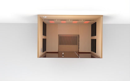 Lumin Three infrared sauna, Canadian Hemlock wood, red infrared heaters, computer control panel, ventilation window.