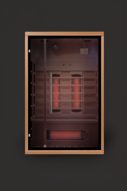 Lumin Infrared Sauna Two with light wood frame, glass door, and glowing red infrared heaters.