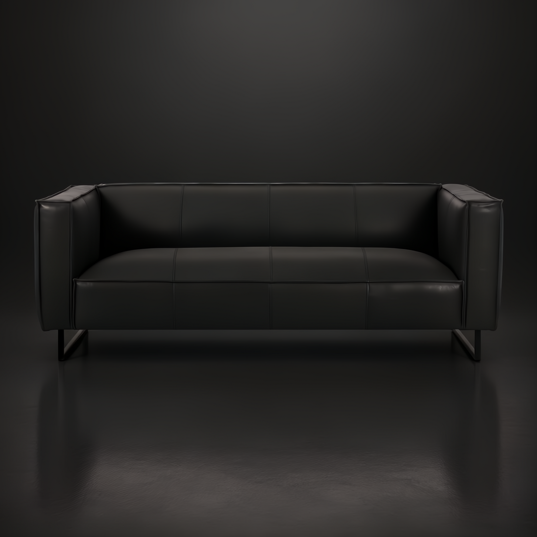 Surya Dylan charcoal top grain leather sofa with black iron base and modern design.