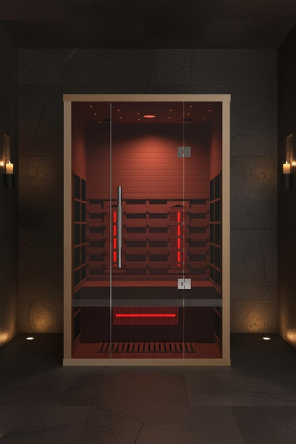 Lumin Infrared Sauna Two with light wood frame, clear glass door, and red interior lighting.