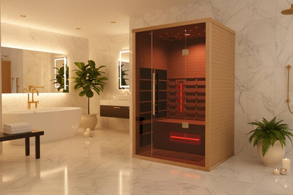 Lumin Infrared Sauna Two with light wood frame, glass door, and red interior lighting in a modern bathroom.