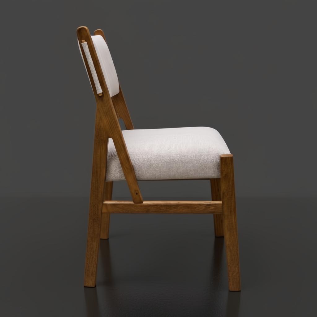 Surya Bergene dining chair with light beige upholstery and a brown natural rubber wood frame.