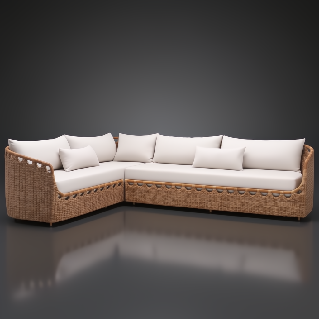 Marvella Sectional Right Arm sofa with light beige cushions and a woven brown rattan base.