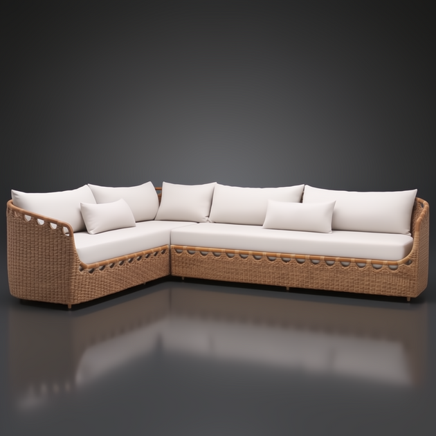 Marvella Sectional Right Arm sofa with light beige cushions and a woven brown rattan base.