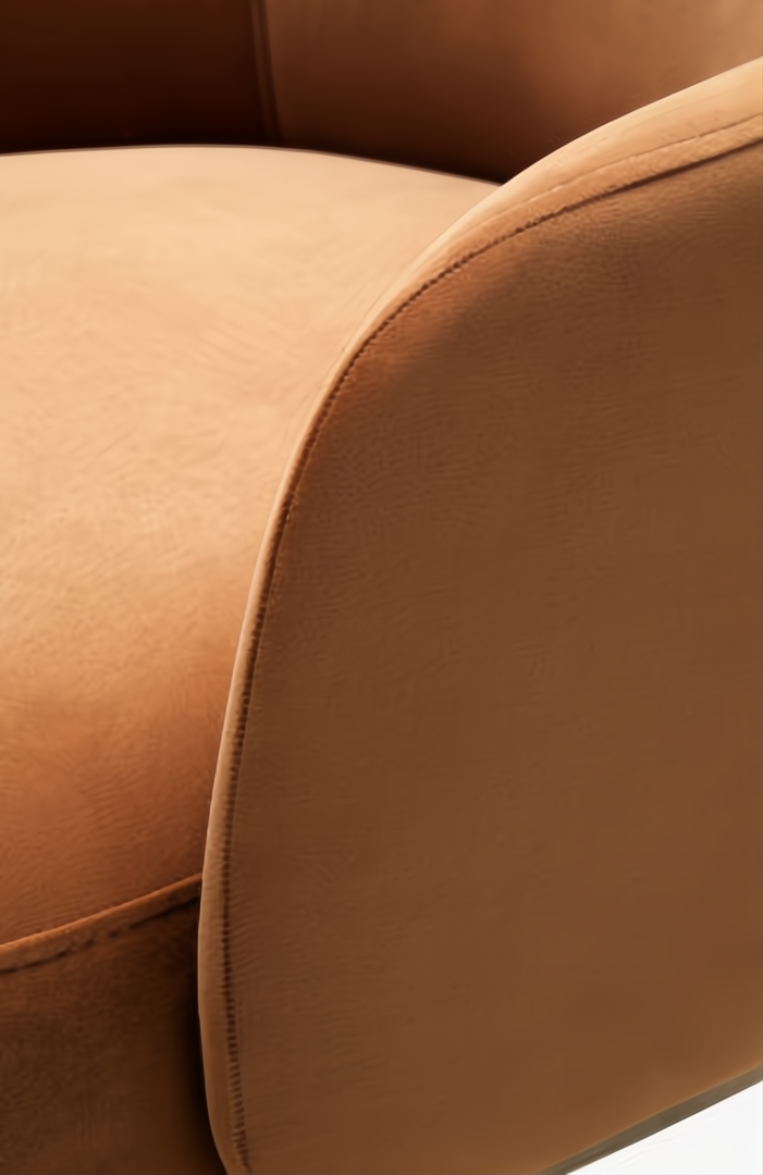 Close-up of a Surya Fantino accent chair with brown polyester upholstery and a camel beechwood base.