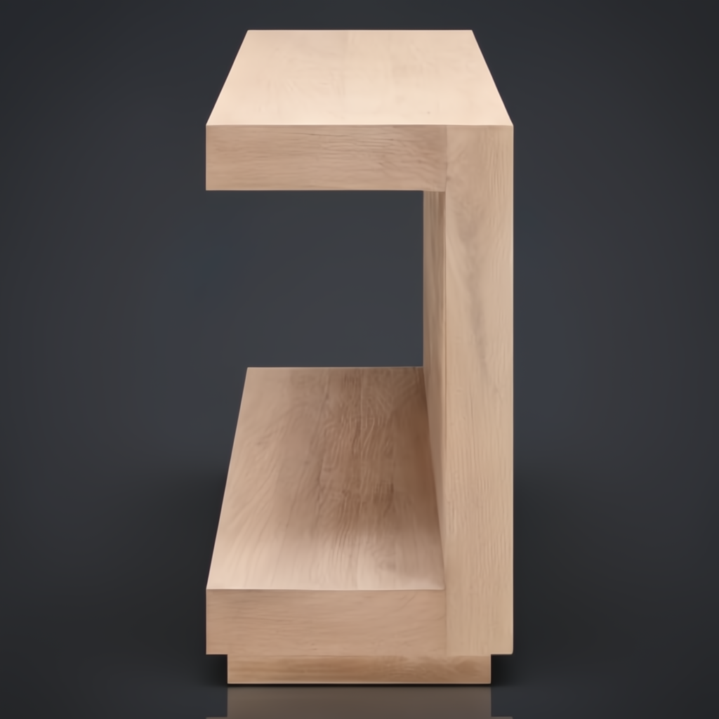 Minimalist modern brown lacquered mango wood console table with a soft-close drawer and plinth base.