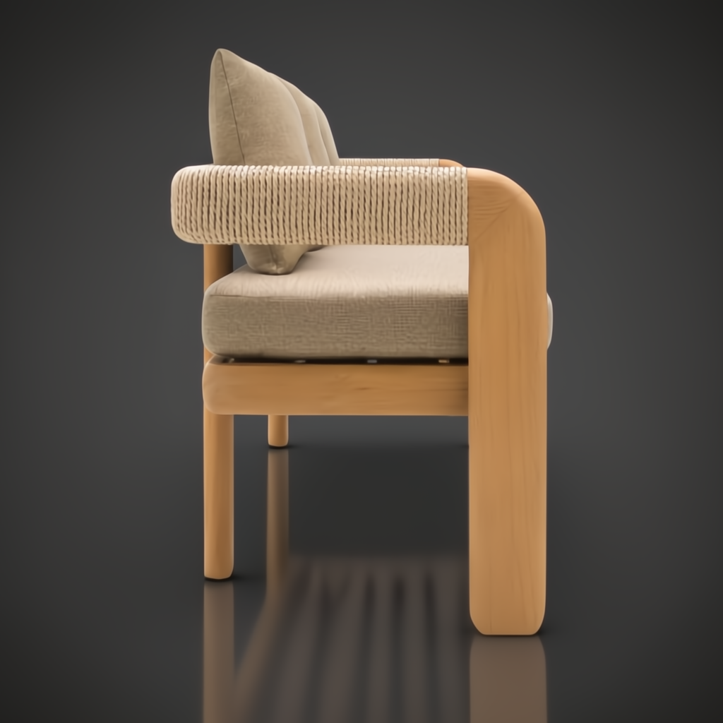 Surya Palma outdoor bench with beige Sunbrella cushions, teak wood base, and PE rope-wrapped arms.