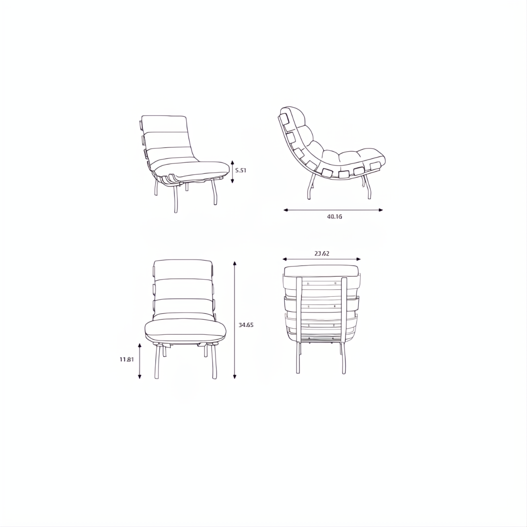 Surya Laval Accent Chair LVL-001, modern oatmeal upholstered lounger with black iron base, shown in four dimensioned views.