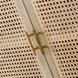 Close-up of a modern Surya Etewah sideboard with natural rattan doors, mango wood trim, and brass handles.