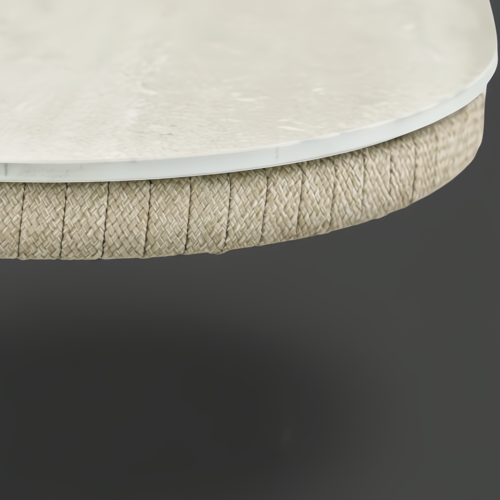 Close-up of a cream Surya Winder End Table with a powder-coated aluminum top and handwoven PE rope detail.