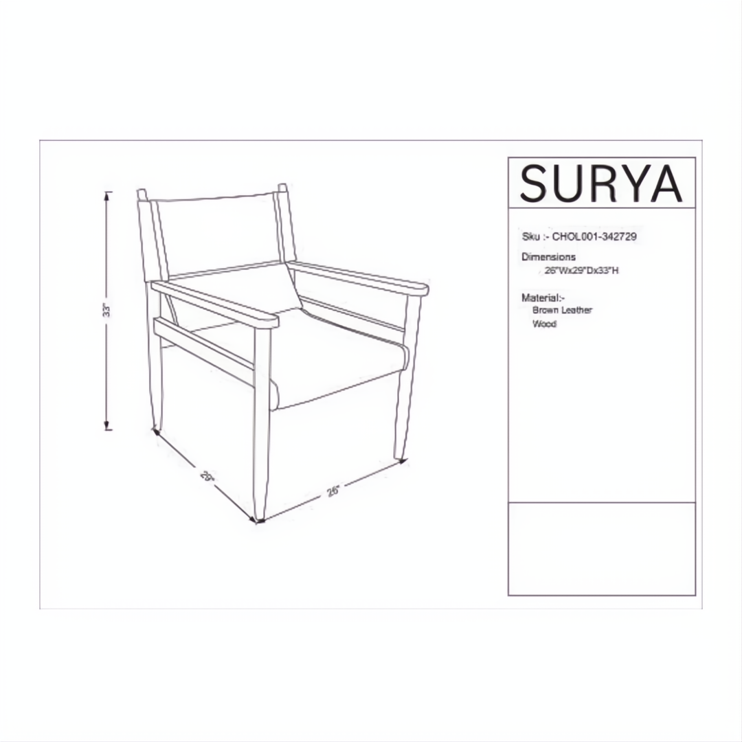 Line drawing of the Surya Chole Accent Chair, featuring a modern design with a brown leather top and mango wood base.