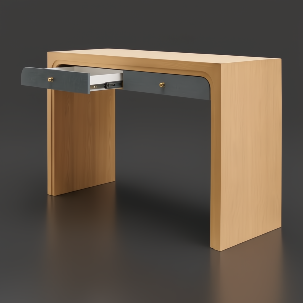 Surya Helene console table with brown lacquered oak veneer, blue resin grasscloth drawers, and brass knobs.