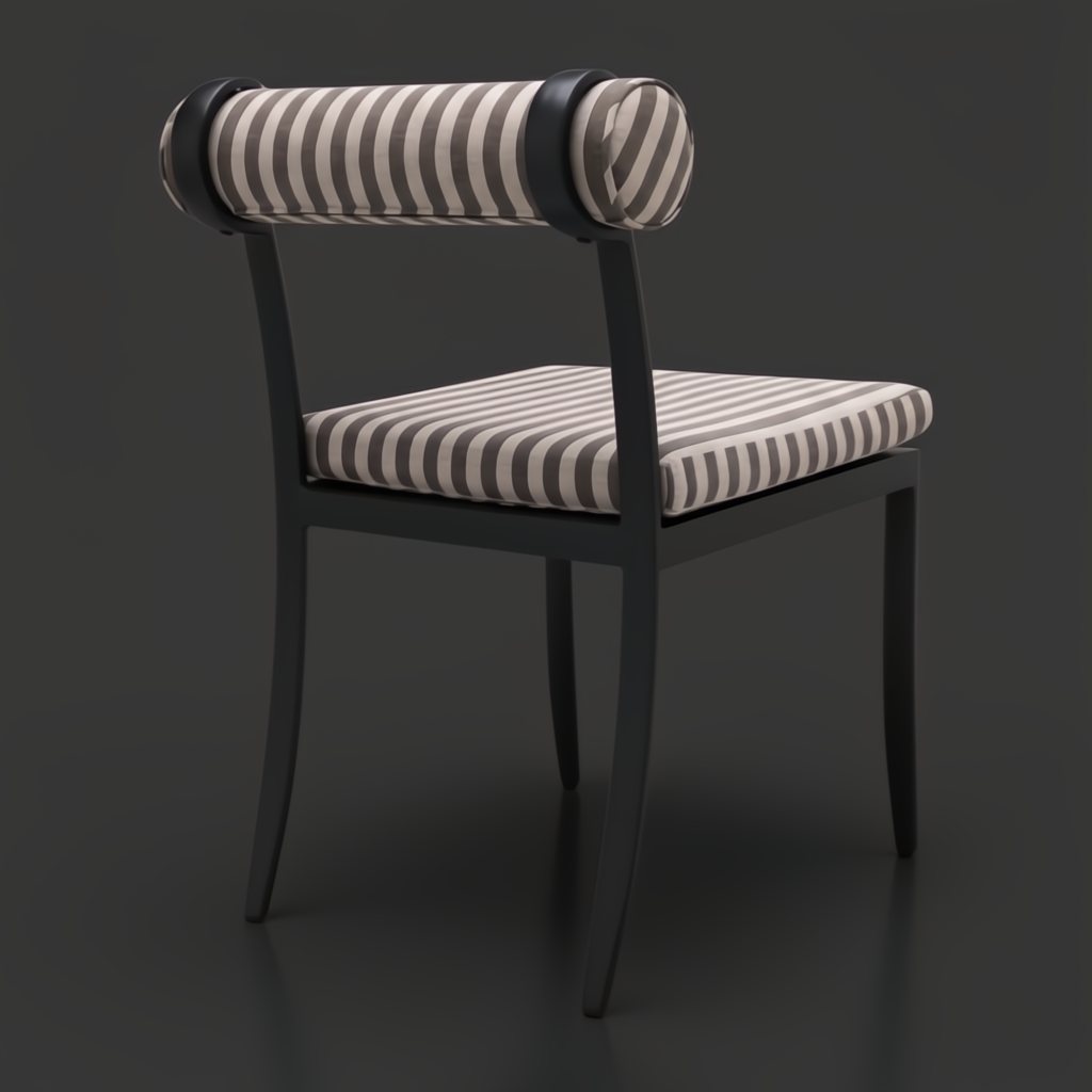 Surya Antibes dining chair with black powder-coated aluminum base and striped Sunbrella cushion.