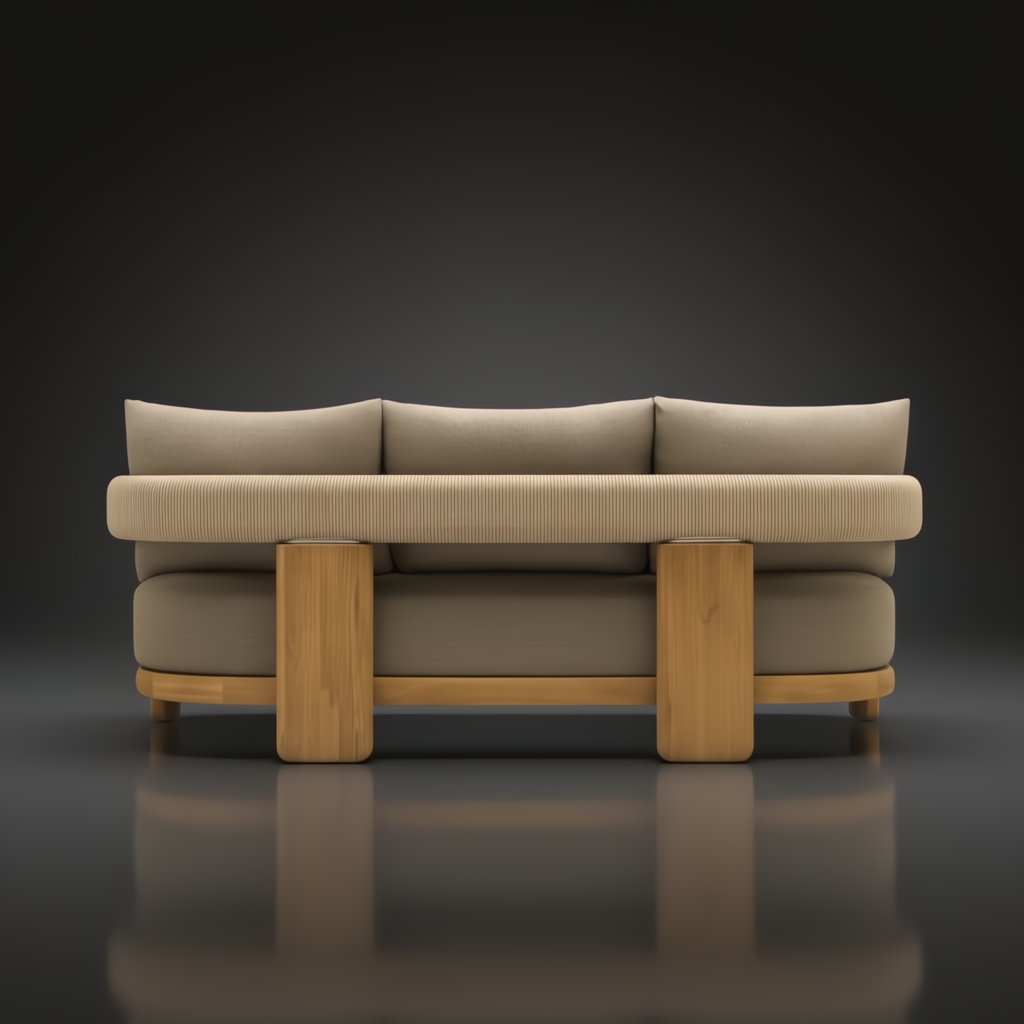 Surya Palma outdoor sofa with beige Sunbrella upholstery, teak wood frame, and PE rope-wrapped detail.