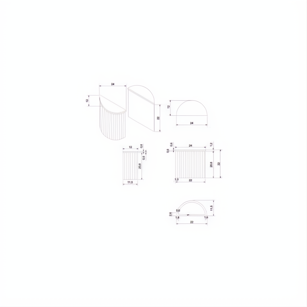 Diagrams of the Surya Piestra End Table, showing its demilune shape, white marble top, and zigzag fluted base.