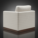 Surya Glendon swivel chair, light beige polyester-linen with subtle grid pattern, brown rubber wood base.