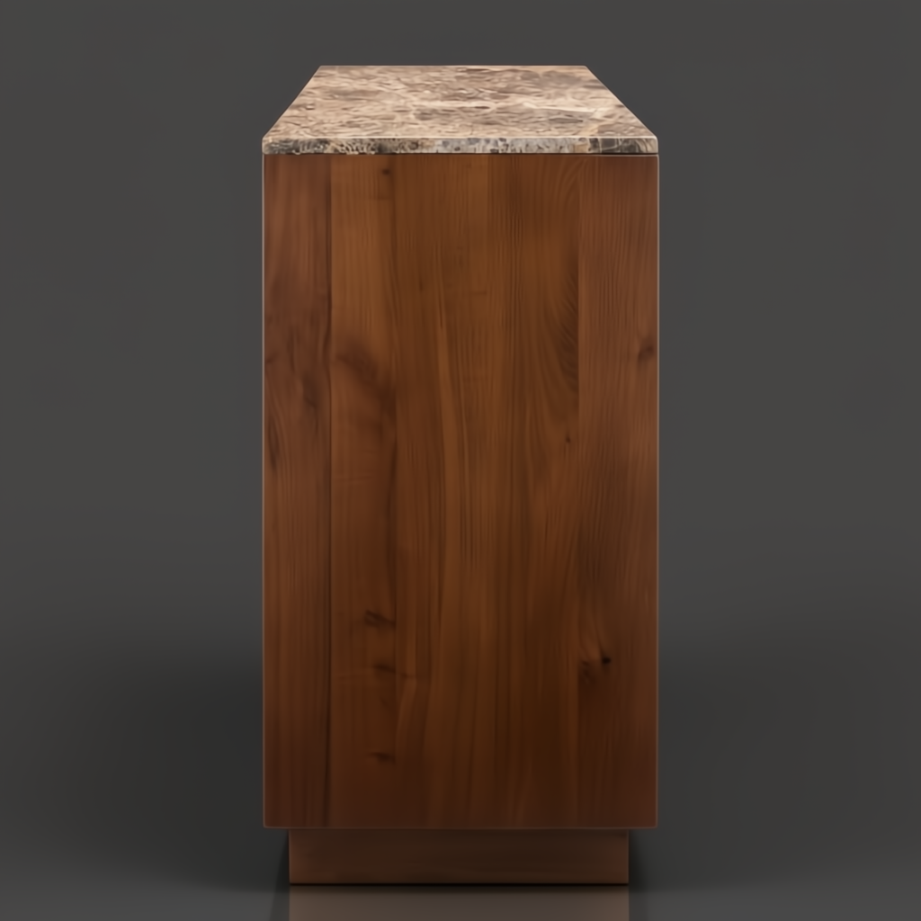Mid-century modern brown white oak cabinet with a mottled marble top, 31"H x 36"W x 16"D.