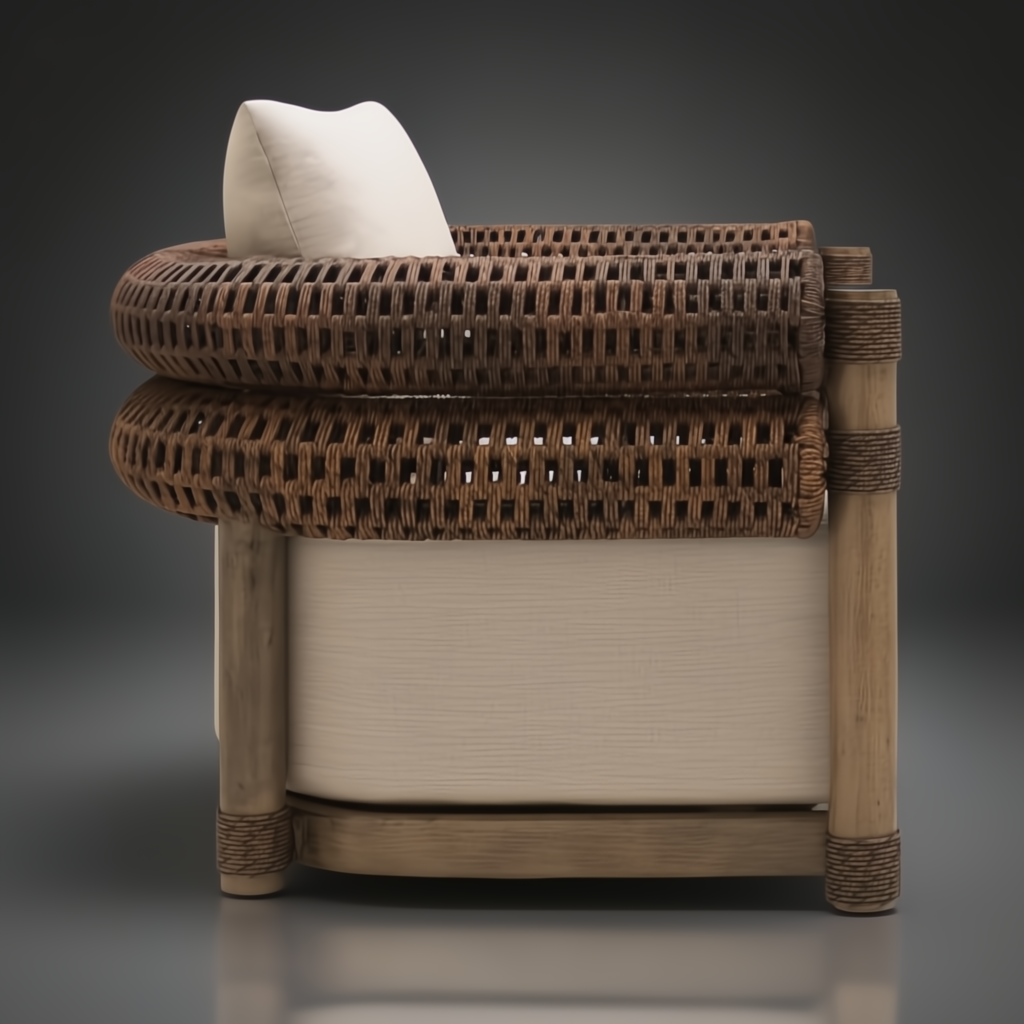 Surya Porta Swivel Chair with brown handwoven PE wicker, light cushion, and wood-look base.