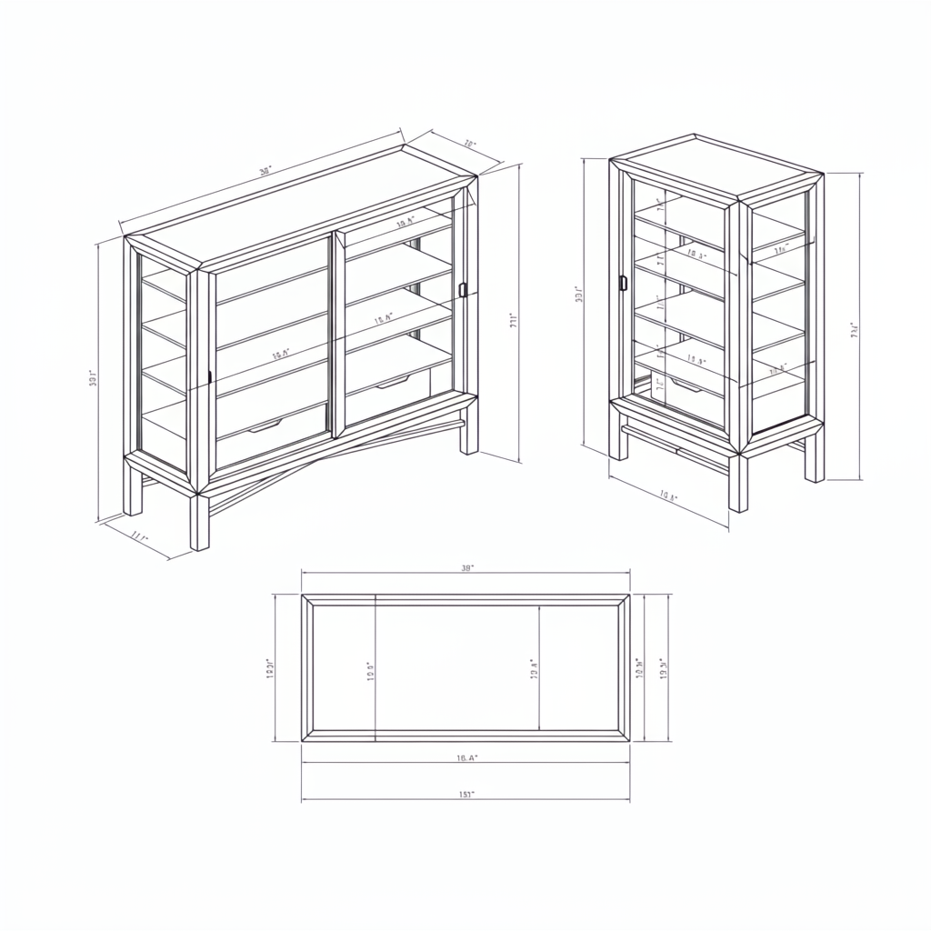 Technical drawing of the Surya Marin Bookcase, showing front, side, and top views with dimensions.